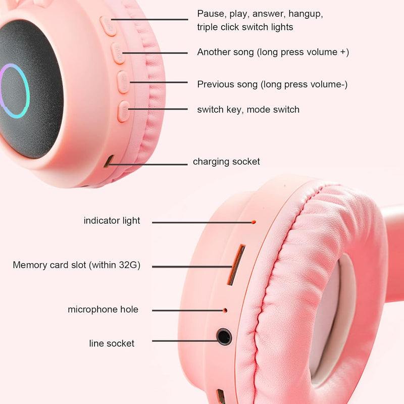 Audífonos Bluetooth con Orejas de Gato y Luces LED