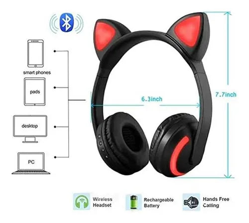 Audífonos Bluetooth con Orejas de Gato y Luces LED
